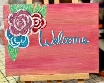 Farmhouse Floral Welcome Sign Hand Painted on Canvas Panel Rose Pink Cottage Country Style Nostalgia Home Decor