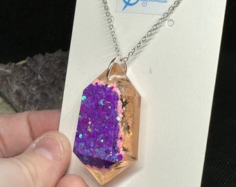 Iridescent Purple & Pink Hand-Poured Crystal Prism Resin Pendant Necklace Handmade Sparkly Trendy Jewelry