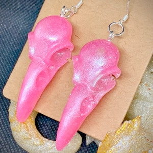 Light Pink Shimmery Raven Crow Skull Earrings Kawaii Cute Pastel Goth Jewelry Gift Ideas