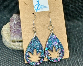 Sparkly Purple & Blue Pot Leaf Punch-Out Earrings Dangly Handmade Fashion Jewelry