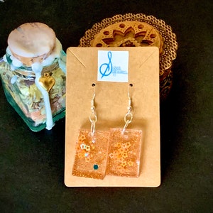 Tiny Orange Rectangle Shimmering Star Earrings, Silver Dangly Earrings for Sensitive Ears, Unique Handmade Jewelry