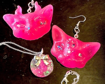 Hot Pink Demon Kitty Earrings with Silver Bow Necklace Resin Jewelry Set