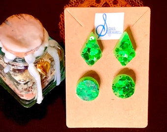 Green Sparkle Diamond and Circle Resin Post Earrings Set