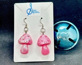 Shimmery Baby Pink Squatty Mushroom Dangly Earrings Kawaii Cute Lolita Style Unique Handmade Sparkly Jewelry