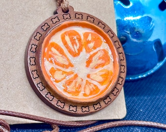 Tangerine Orange Hand Painted Wooden Cabochon Pendant Necklace Natural Unique Fruit Gift Painting Fine Art Jewelry Gift