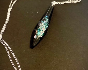 Faux Onyx Smooth Crystal Prism Pendant Necklace with Turquoise Mermaid Vibes Glitter