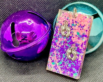 Twin Baby Toes Pink and Purple Resin Handmade Pendant Mothers Day Glitter Necklace Gift