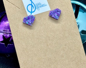 Purple & Teal Shimmer Diamond Shaped Stud Earrings Kawaii Cute Sparkly Geometric Gem Gamer Girl Stainless Ear Posts Gift for Girls