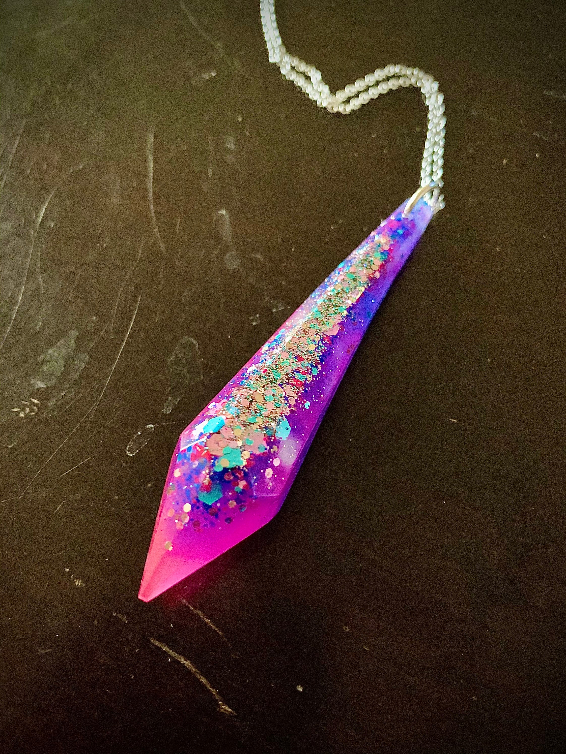 Hot Pink and Purple Fade Resin Crystal Pendant Necklace with Mermaid Glitter