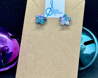 Purple & Teal Sparkle Star Shaped Stud Earrings Kawaii Cute Sparkly Geometric Gem Gamer Girl Stainless Ear Posts Gift for Girls