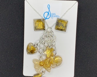 One of a Kind Dainty Gold and Silver Heart & Bow Charm Bundle Necklace with Post Earrings Set