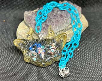 Blue & Turquoise Demon Kitty Choker Plastic Chain Necklace Handmade Gothic Witch Jewelry Halloween Punk Cosplay Costume