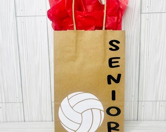 May include: A brown paper gift bag with a white volleyball graphic and the word "SENIOR" in black. The bag is filled with red tissue paper and has a twisted paper handle.