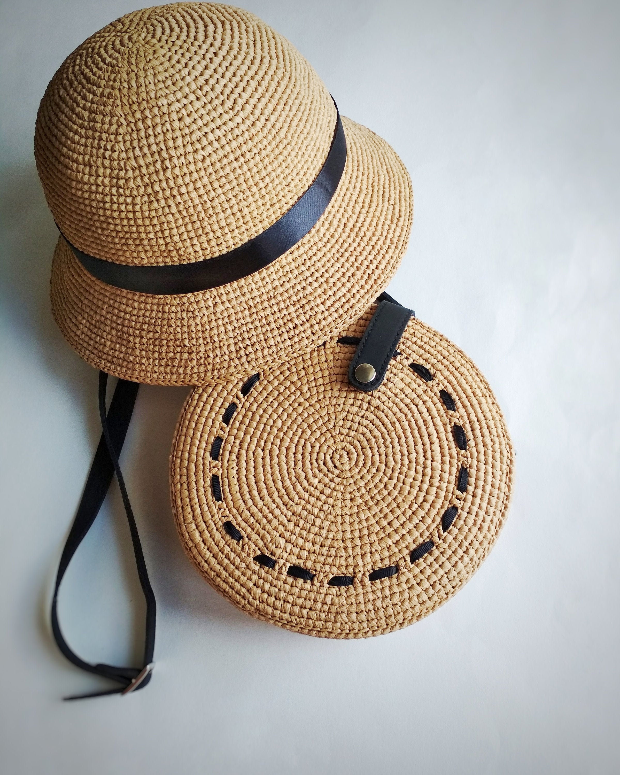 Straw Hat and Bag Set Cloche Summer Hat 