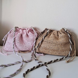 Crochet Raffia Drawstring Bag, Handmade Woven Clutch Purse, Natural Crossbody Shoulder Bag, Lightweight Boho Summer Accessory With Lining