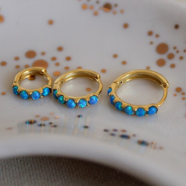 Gold Blue Opal Hoop Earrings | Fire Opal Hoops | 925 Sterling Silver Hoop Earrings | Gold Huggie Hoops | Gift For Her | Conch Hoop Earrings