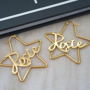 Star Hoop Earrings , Custom Name Hoop Earrings , Gold Large Star Hoop Earrings , Stainless Steel , Personalized Gift , Name Hoop Earrings