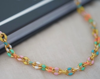 Colorful Link Chain Necklace , Enamel Link Chain Bracelet , Chunky Link Chain , Paperclip Chain , Stainless Steel , Layering Choker Necklace