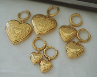 18K Gold Plated Locket Huggie Hoop Earrings , Vintage Style Locket Heart Hoops , Waterproof , Stainless Steel Locket Earrings , Gift For Her