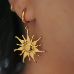 Sun Hoop Earrings , Gold Sunflower Earrings , Sunburst Earrings , Stainless Steel , Sun Jewelry , Statement Earrings , Gift For Her, Mom