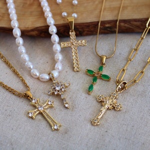 Gold Cross Necklace | Rosary Cross | Jade Cross | Dainty Gold Cross Necklace | Religious Necklace | Pearl Cross Choker | Gift For Her Mom