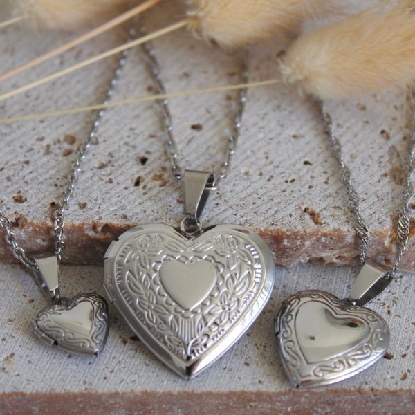 Silver Heart Locket Necklace, Silver Photo Locket Necklace, Stainless Steel, Silver Heart Locket, Personalized Gift For Her, Mom, Sister