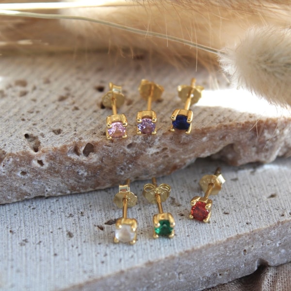 Gold Birthstone Stud Earrings | Tiny CZ Birthstone Studs | Minimalist Earrings | Gemstone Gold Studs | Personalized Gift For Her, Mom