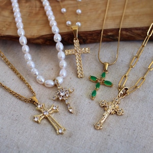 Gold Jade Cross Necklace | Green Jade Cross | Dainty CZ Cross Necklace | Religious Necklace | Pearl Cross Choker | Gift For Her Mom