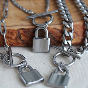 Lock Toggle Clasp Necklace, Silver Toggle Clasp Choker, Stainless Steel, Padlock Paperclip Chain, Lock Chain Layering Necklace, Gift For Her