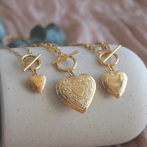 Gold Heart Locket Necklace , Vintage Style Locket Choker , Stainless Steel , Toggle Clasp Necklace , Photo Locket , Birthday Gift For Her