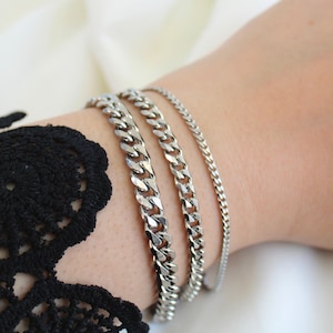 Silver Chain Bracelet, Stainless Steel Cuban Link Chain Bracelet, Women&#39;s Silver Bracelet, Stacking Chain Bracelets, Birthday Gift For Her