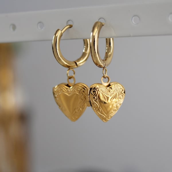 Créoles en forme de coeur en or | créoles coeur médaillon style vintage | Créoles en or | Acier inoxydable | Boucles d'oreilles médaillon | Cadeau pour elle, maman