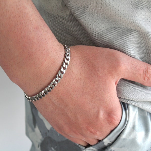 Silver Cuban Link Chain Bracelet, Men's Bracelet, Silver Curb Chain Bracelet, Stainless Steel Bracelets, Gift For Him Men, Men's Jewelry