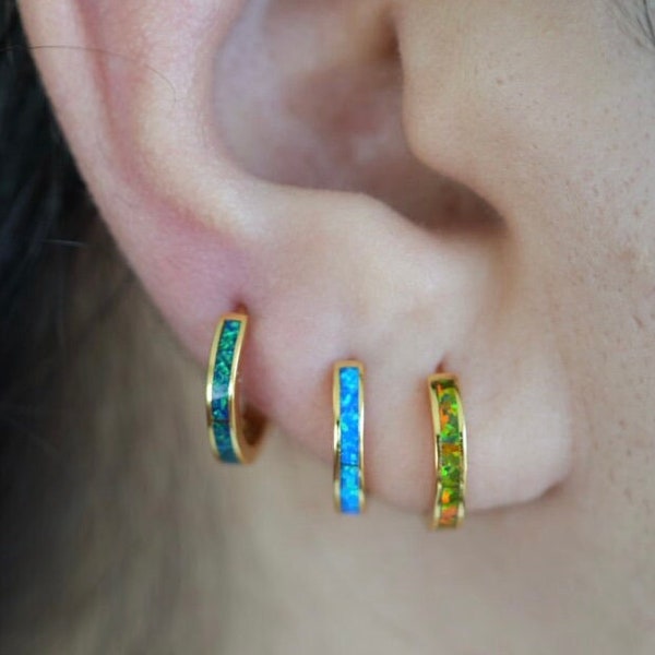 Opal Inlay Huggie Hoop Earrings , Fire Opal Hoop Earrings , Blue Green Orange Gemstone Earrings , Small Opal Huggies , Minimalist Earrings