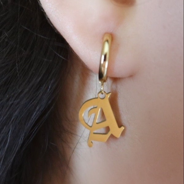 Gold Initial Letter Earrings, Old English Gothic Earrings, Gold Personalized Initial Earrings, Minimalist Initial Earrings, Gift For Her