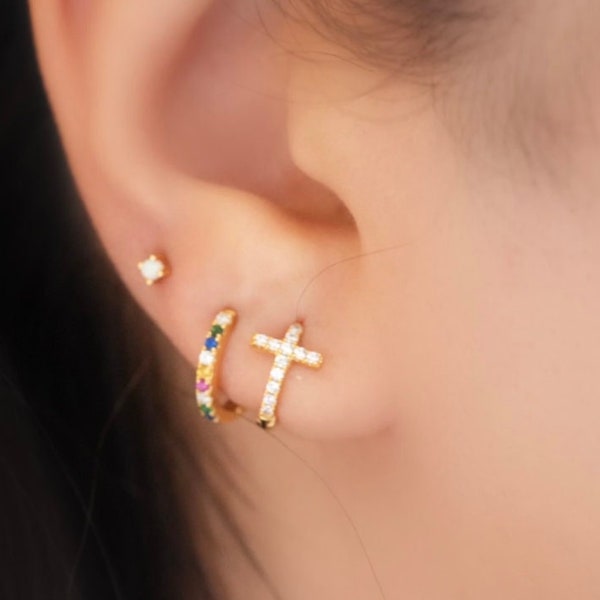 Gold Cross Hoop Earrings , Dainty Pave Cross Huggies , CZ Cross Earring , Tiny Hoops , Small Cross Hoops , Religious Earrings , Gift For Her