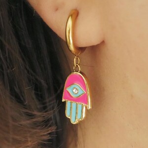 Hamsa Hand Eye Hoop Earrings · Turquoise Pink Enamel CZ Earrings · Protection Evil Eye Jewelry · Boho Statement Dangle Earrings For Women