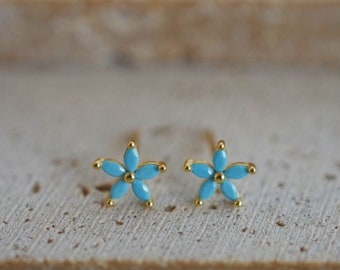 Dainty Turquoise Flower Studs, Minimalist Flower Stud Earrings, CZ Studs, Second Hole Piercing Studs, Flower Jewelry, Birthday Gift For Her