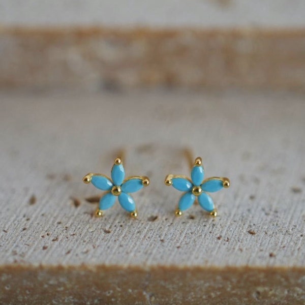 Dainty Turquoise Flower Studs, Minimalist Flower Stud Earrings, CZ Studs, Second Hole Piercing Studs, Flower Jewelry, Birthday Gift For Her