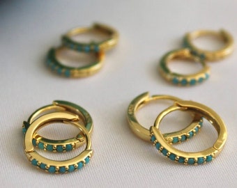 Turquoise Hoop Earrings, Turquoise gemstone hoop earrings, Gold hoops, Sterling Silver Turquoise hoops, Turquoise hoops, Dainty Huggie hoops