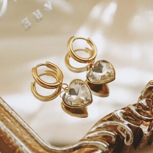 Diamond Heart Hoop Earrings , Clear CZ Crystal Heart Earrings , Dainty Hoop Earrings , Gold Love Earrings , Heart Jewelry , Gift For Her