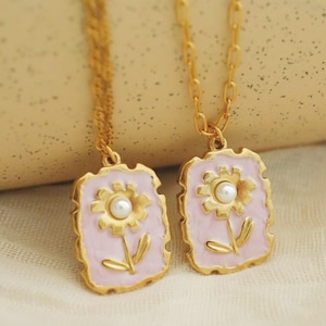 Pink Flower Pendant Necklace · Pearl Jewelry · Dainty Enamel Floral Charm · 18K Plated Waterproof Stainless Steel Necklace Gift for Her