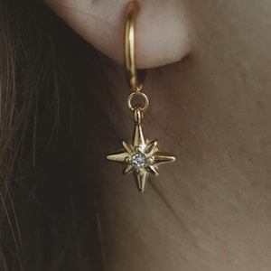 Gold North Star Hoop Earrings , Starburst Huggie Hoop Earrings , CZ Star Earrings , Celestial Jewelry , Sparkle North Star , Gift For Her