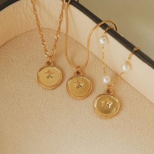 Gold Star Coin Necklace · Tiny Star Pendant Necklace ·  Medallion Coin Necklace ·  Celestial Star Jewelry ·  Waterproof ·  Gift For Her
