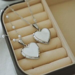 Mother Of Pearl Heart Locket Necklace , Silver Shell Locket Necklace , Pearl Heart Necklace , AntiTarnish , Photo Locket , Personalized Gift