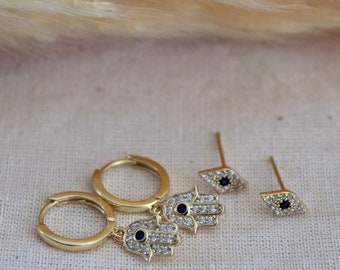 Evil Eye Stud Earrings | Hamsa Hand Hoop Earrings | Small Eye Studs | Hamsa Hand Jewelry | Sterling Silver Stud Earrings | Gift For Her, Mom