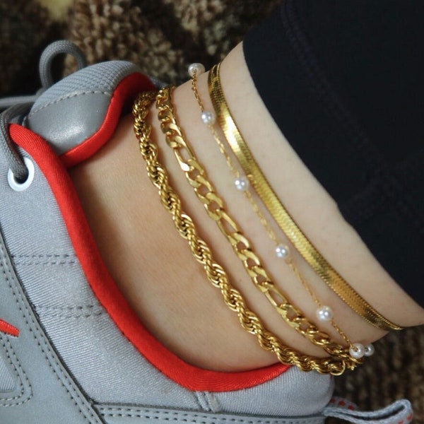 Gold Chain Anklet Bracelet, Gold Herringbone Anklet, Pearl Beaded Anklet, Figaro Chain, Anklet Bracelets, Stainless Steel Chain Anklet