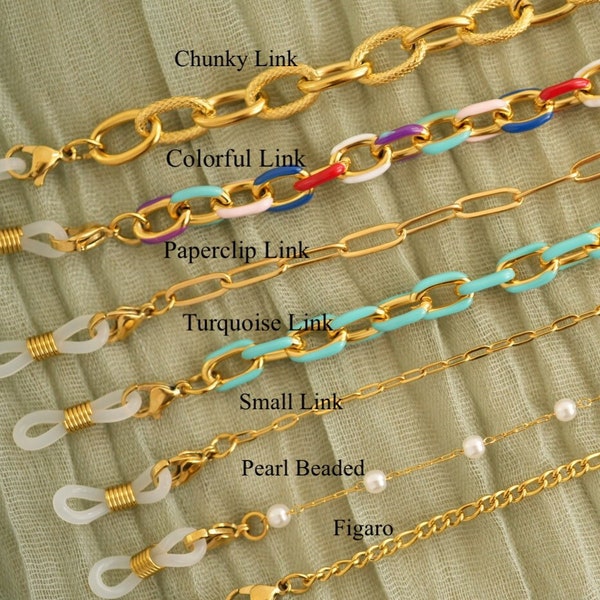 Gold Sunglasses Chain , Eyeglasses Chain , Face Mask Chains , Paperclip Link Glasses Chains , Stainless Steel , Figaro Sunglasses Chains