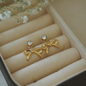 Dainty Bow Tie Stud Earrings , 18K Gold Plated Bow Ribbon Earrings , Coquette Diamond Bow Earrings , Waterproof , AntiTarnish , Gift For Her