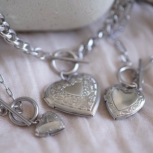 Heart Locket Necklace , Silver Heart Photo Locket Toggle Clasp Necklace , Stainless Steel Necklace , Silver Jewelry , Gift For Her , Mom